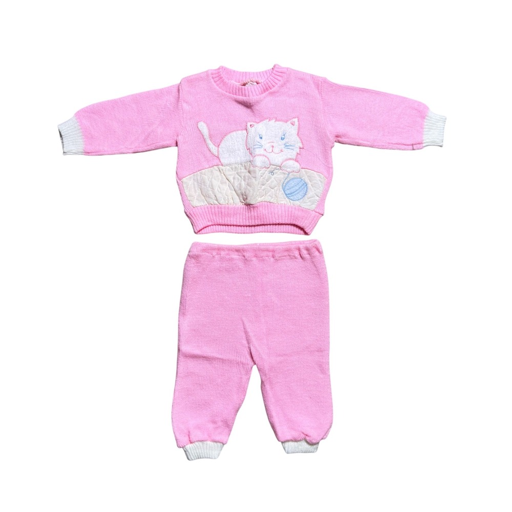 Vintage Uptown Kids Pink Knit Cat Sweater and Pants Set